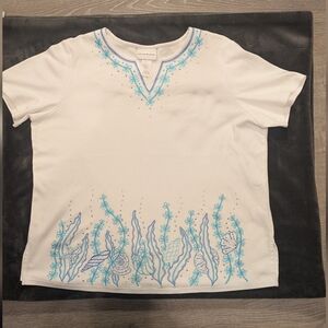 Alfred Dunner White and Blue Short Sleeve Tee with Embroidery